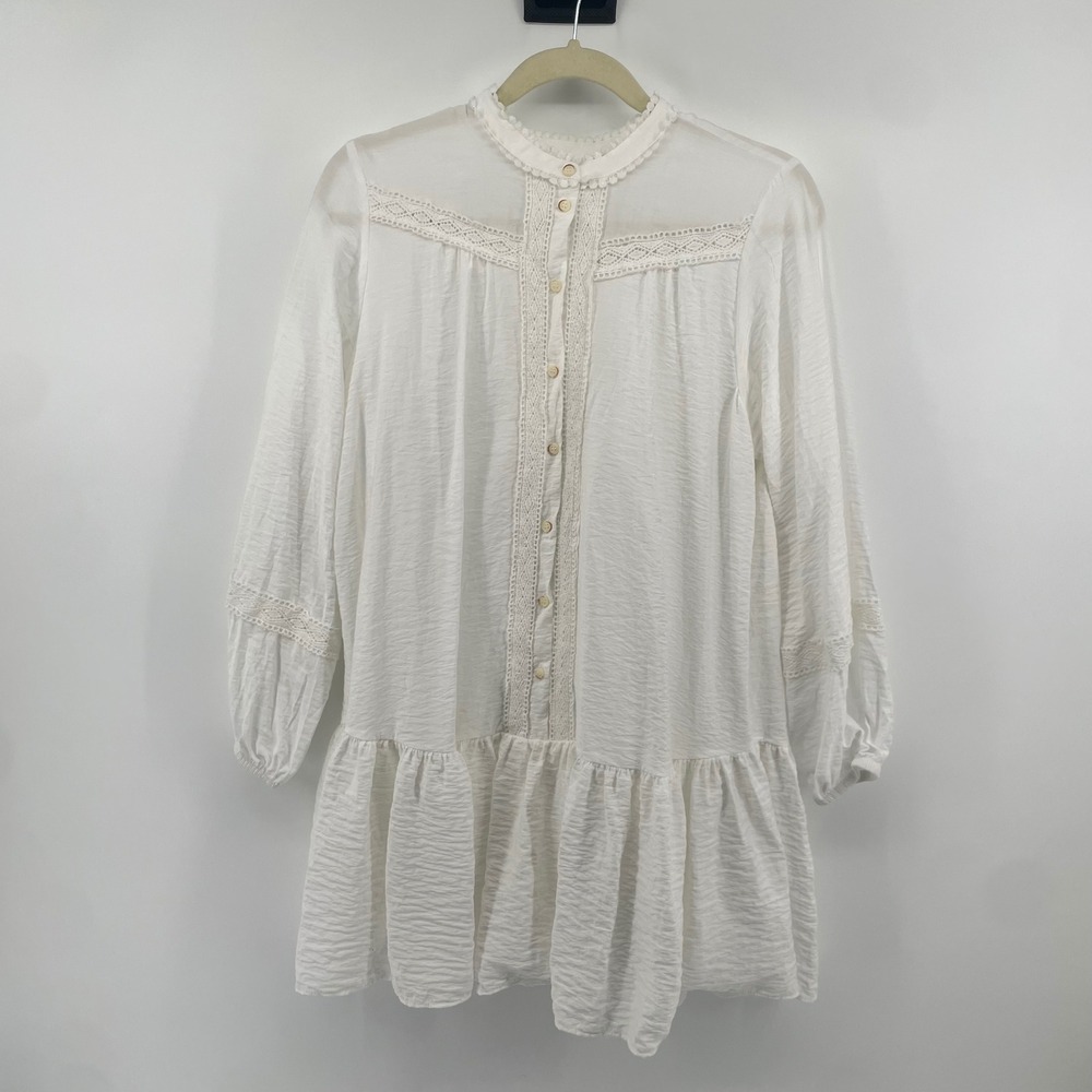 Zara Tunic Dress Womens Medium White Lace Crochet Boho Ruffle Mini Peasant